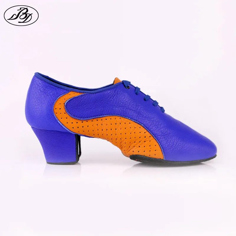 Hot Sale Women Teaching Dance Shoe T454 Blue&Orange Soft Genuine Leather  Shoes Latin Ladies Dancesport Shoe Split Outsole