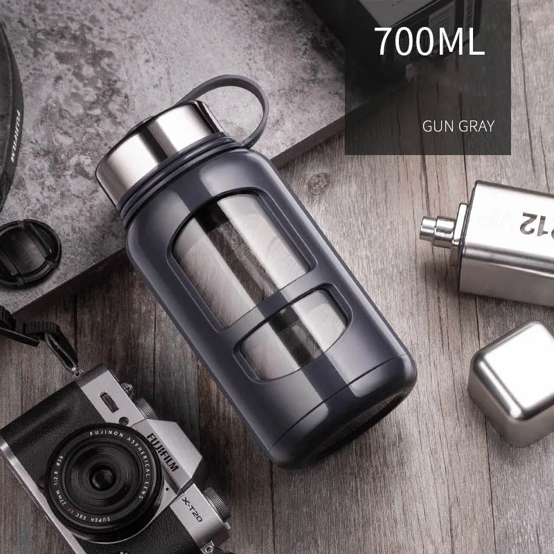JOUDOO 700 мл 1000 мл портативные стеклянные бутылки для воды открытая космическая бутылка Спортивная бутылка для воды герметичная велосипедная альпинистская Подарочная 35 - Цвет: No words gray 700ml