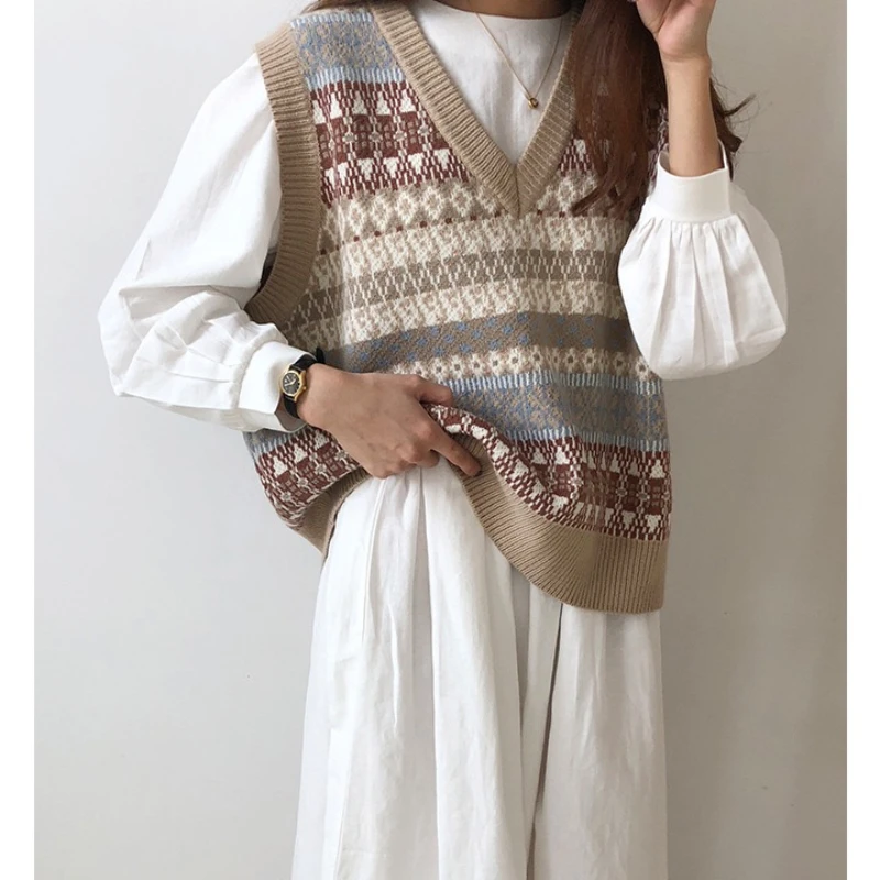 

College Style v Neck with Snow Vest Vest Female Spring and autumn edition jacket sleeveless retro matching sweater
