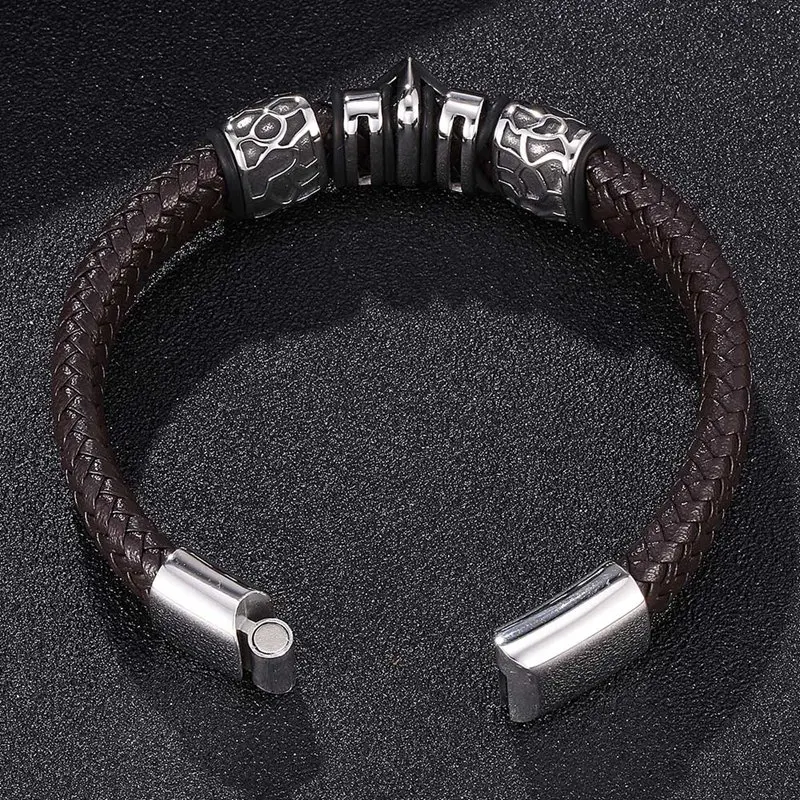 Мужской кожаный браслет с черепами модный черный широкий плетеный из