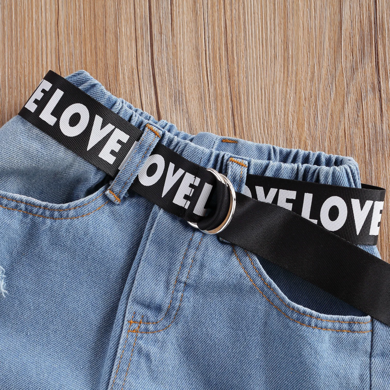 

2-7Y Fashion Girls Clothes Set Summer 3pcs Black Puff Short Sleeve Tops Blouse+Blue Elastic Waist Denim Pants+Belt