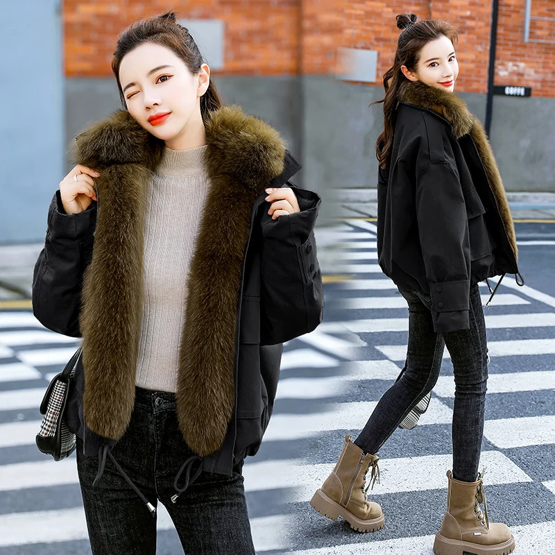 

Winter Jacket Women 2021 Hooded Short Black Coat Female Big Fur Collar Parkas Warm Thick Women's Jackets Casaco Feminino Gxy150