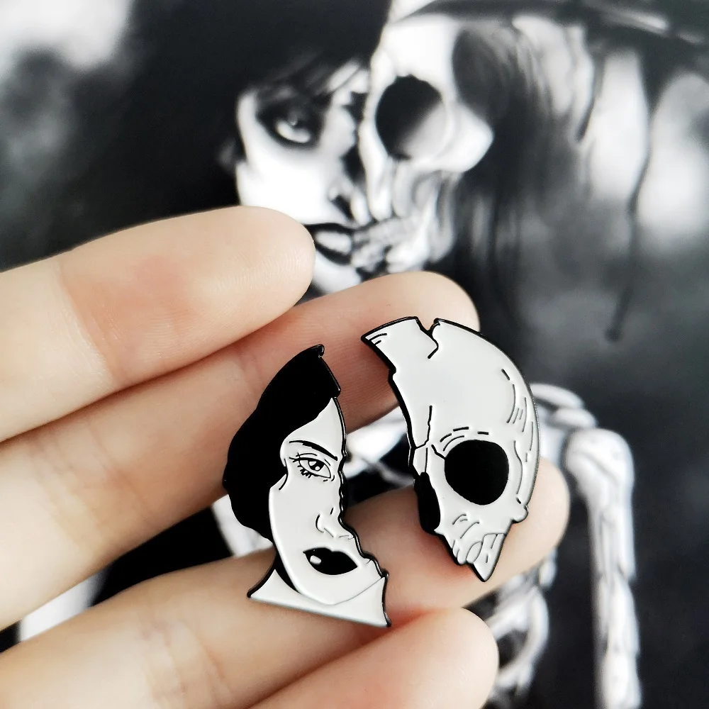 

2pcs/set Dead Lovers Woman Skeleton Face Enamel Pins Custom Skull Brooches Bag Clothes Lapel Pin Badge Punk Cool Jewelry Gift