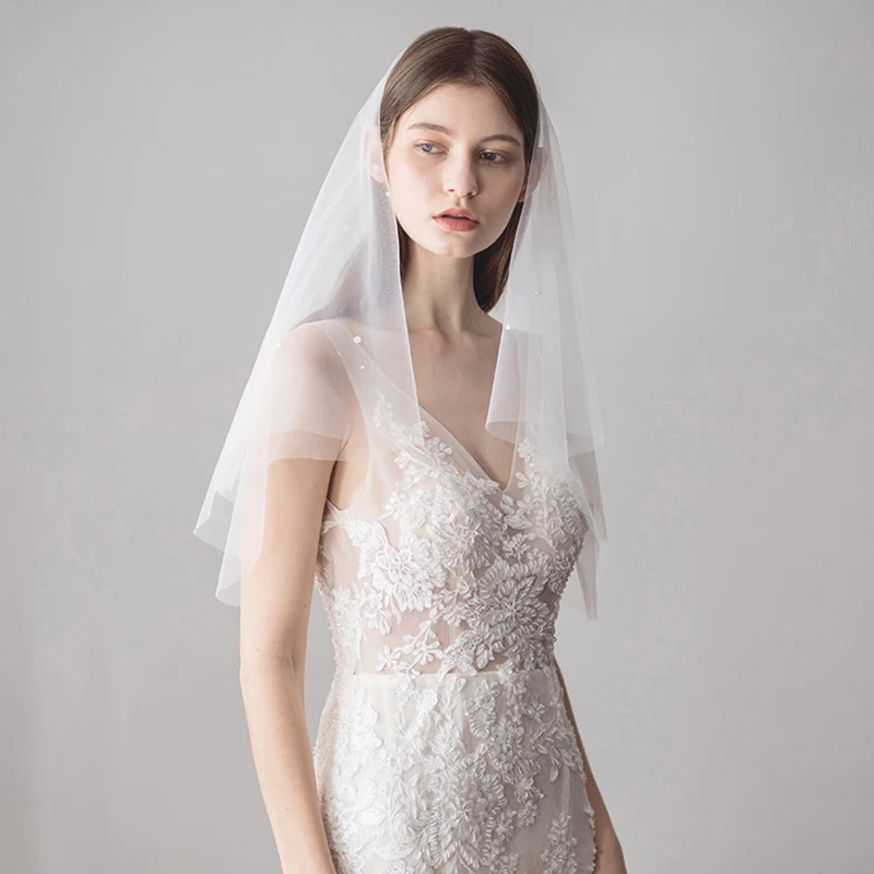 

Однослойная свадебная фата Tanpell с вырезами и жемчугом, короткая фата цвета слоновой кости, простая Тюлевая свадебная фата