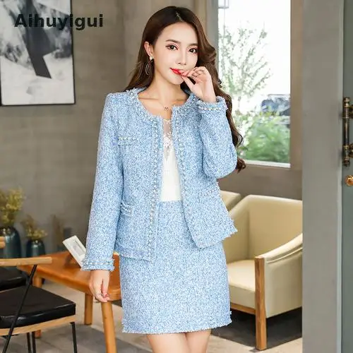 

Aihuyigui Blue Pink Winter Women Wool Tweed Thick 2pcs Set Pearl Cardigan Fringed Trim Pocket Jacket Coat+sexy Mini Skirt Dr660