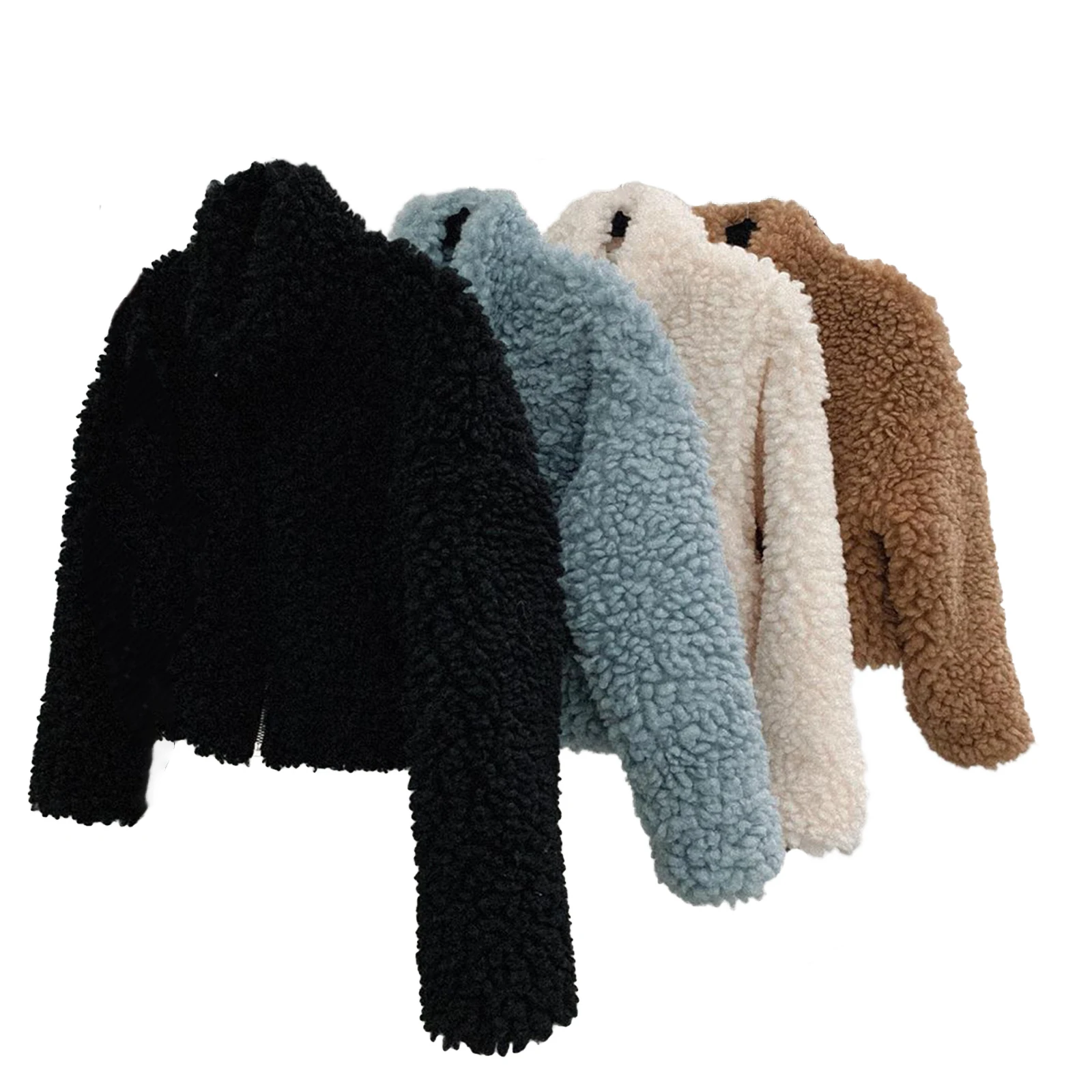 

Female Lamb Wool Coat Jacket Solid Color Stand Collar Long Sleeve Coat with Two Pockets for Autumn Winter 2020 Winter Warm
