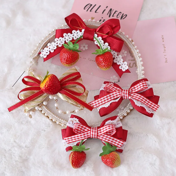 

Strawberry sweet lolita lattice bow hairpin headdress Mori strawberry side clip Japanese