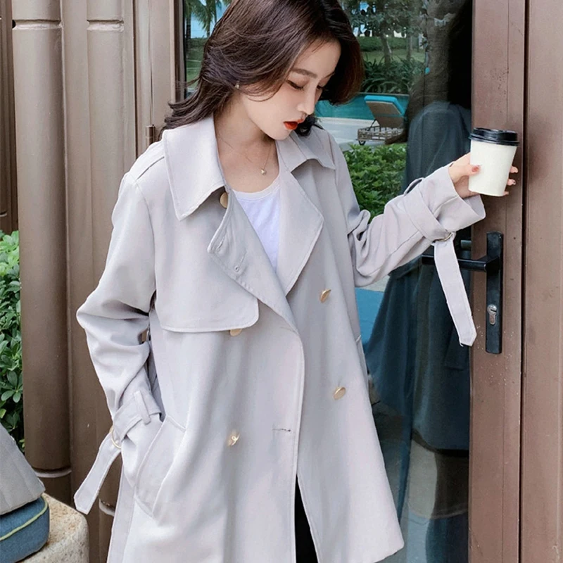 

Women Gray Trench Coat Short Windbreaker Double Breasted Korean Style Lady Office Coat Belt Pocket Female Outerwear Autumn New