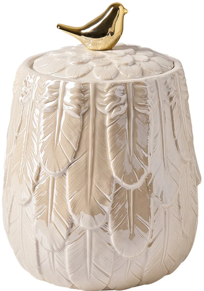 

Nordic Ceramics Storage Tea Pot Jar Home Desktop Candy Jars Storage Box Organizer Ceramic Golden Bird Feather Relief Home Decor