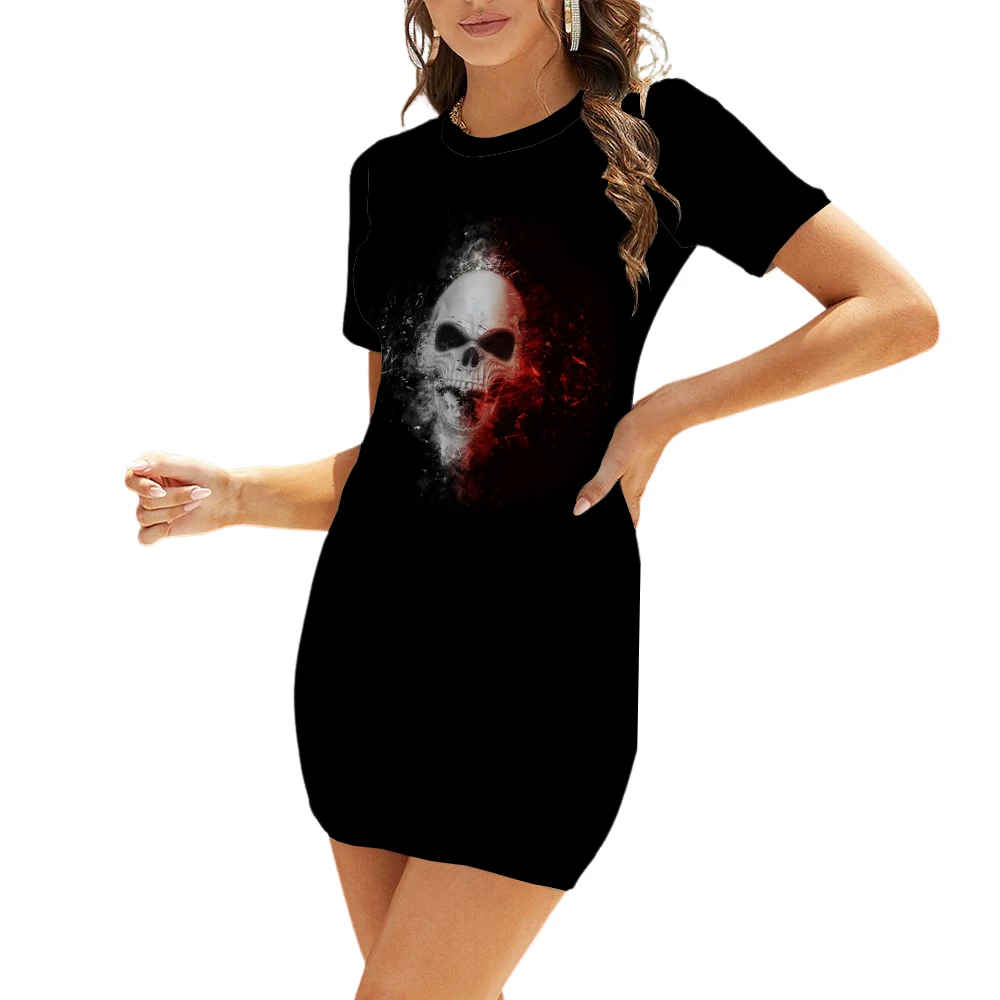 

Fashion New Casual Ladies Dress Short-Sleeved Slim Fit Hapy Rock Skull Youthful Vitality Hip-Hop Ladies Spring And Autumn Skirt