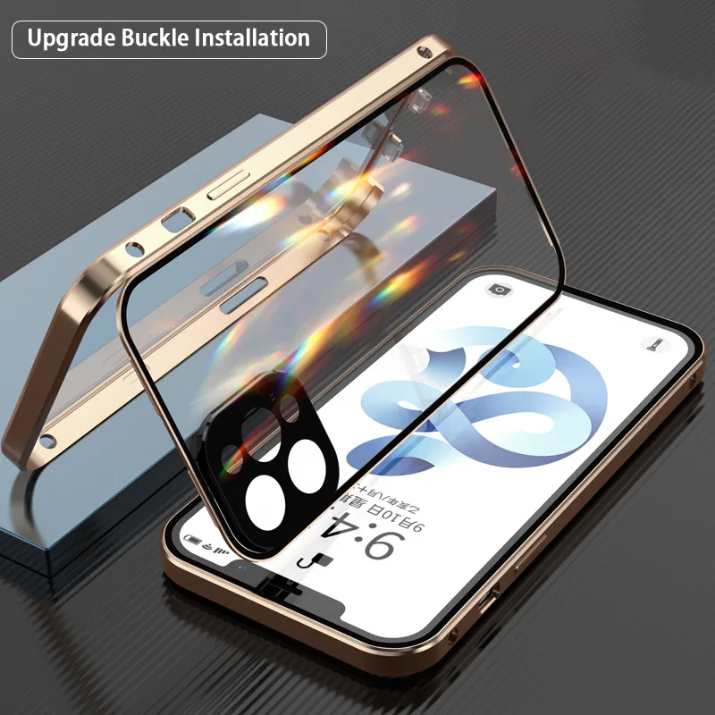

Double Sided Glass Card Buckle Installation Case For iPhone 13 12 Pro Max 13 Mini 11 Pro Max Camera Lens Protection Metal Cover