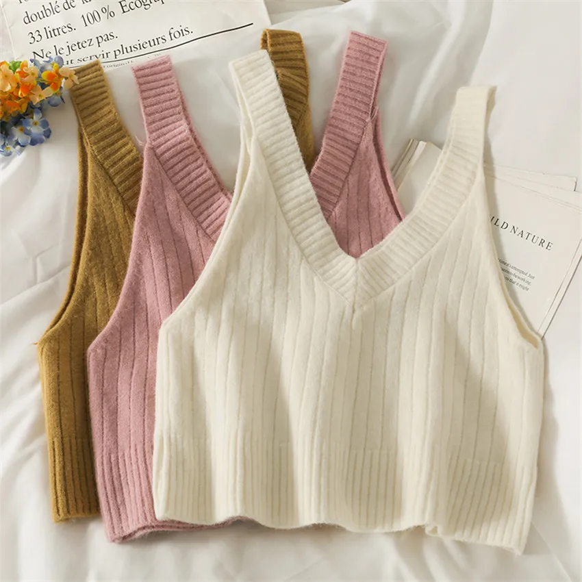 

Spring Autumn Knitted Camisoles Tanks Women Sleeveless Sweater Vest Cropped Fall 2022 Streetwear Fashion Crop Top Tank Tops