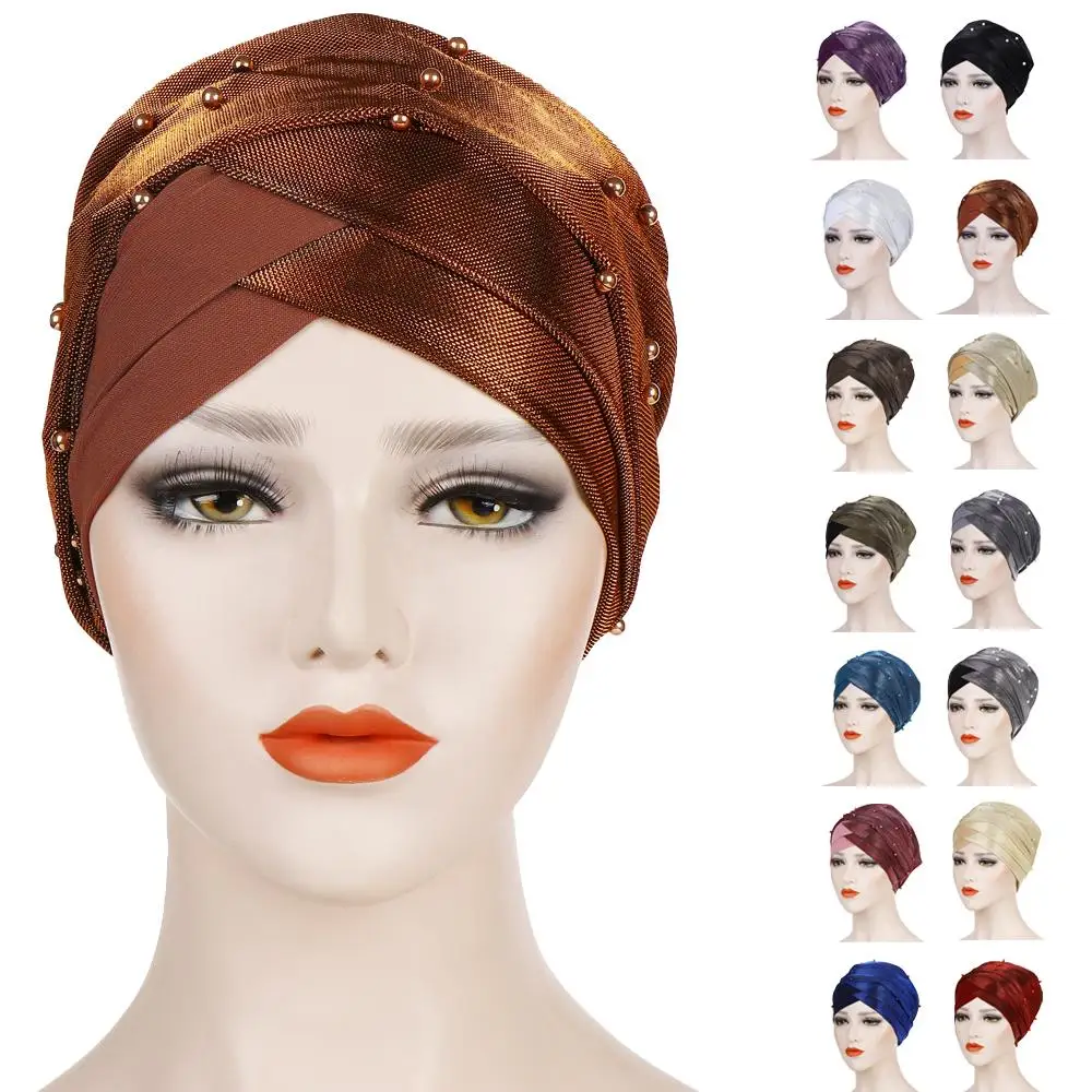 

Women Arab Muslim Long Tail Wrap Scarf Hat Turban Cancer Chemo Shawls Amira Caps Beaded Head Hijab Bonnet Islamic Cover Fashion
