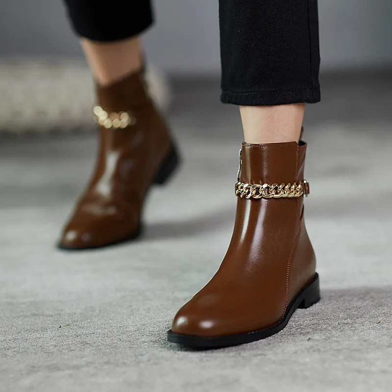 

FEDONAS Fashion Metal Decoration Genuine Leather Shoes Woman Round Toe Thick Heels Ankle Boots Winter Party Working Women's Boot