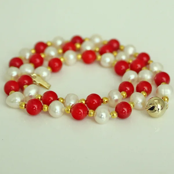 

New 6-7mm Genuine Natural Freshwater Pearl & Coral Necklace 18" AAA
