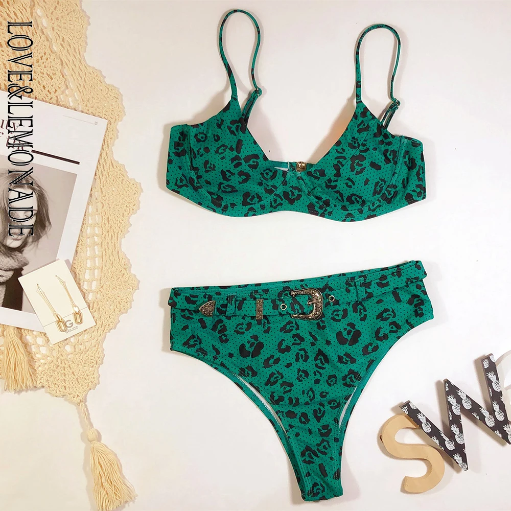 Женское леопардовое бикини LOVE & LEMONADE зеленое бандо с высокой талией модель