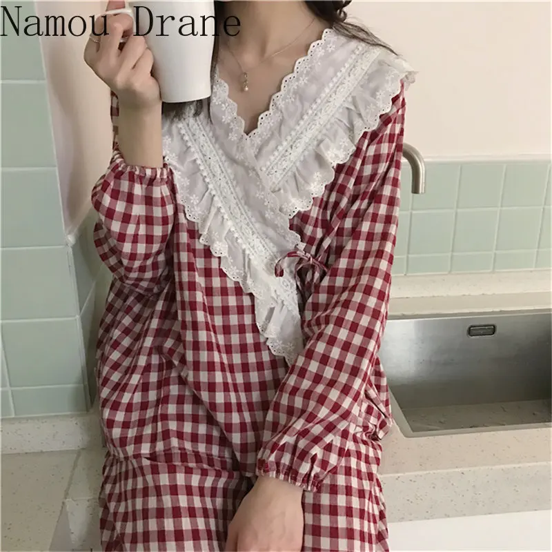 

2020 Plaid Lace Gentle Three-piece Suits Chic Women Sweet Fashion Sleepwear Loose Pajamas Suits Fresh Home Clothes