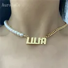 AurolaCo индивидуальное имя ожерелье персонализированное жемчужное ожерелье золотой кулон ожерелье с табличкой для женщин ювелирные изделия подарок