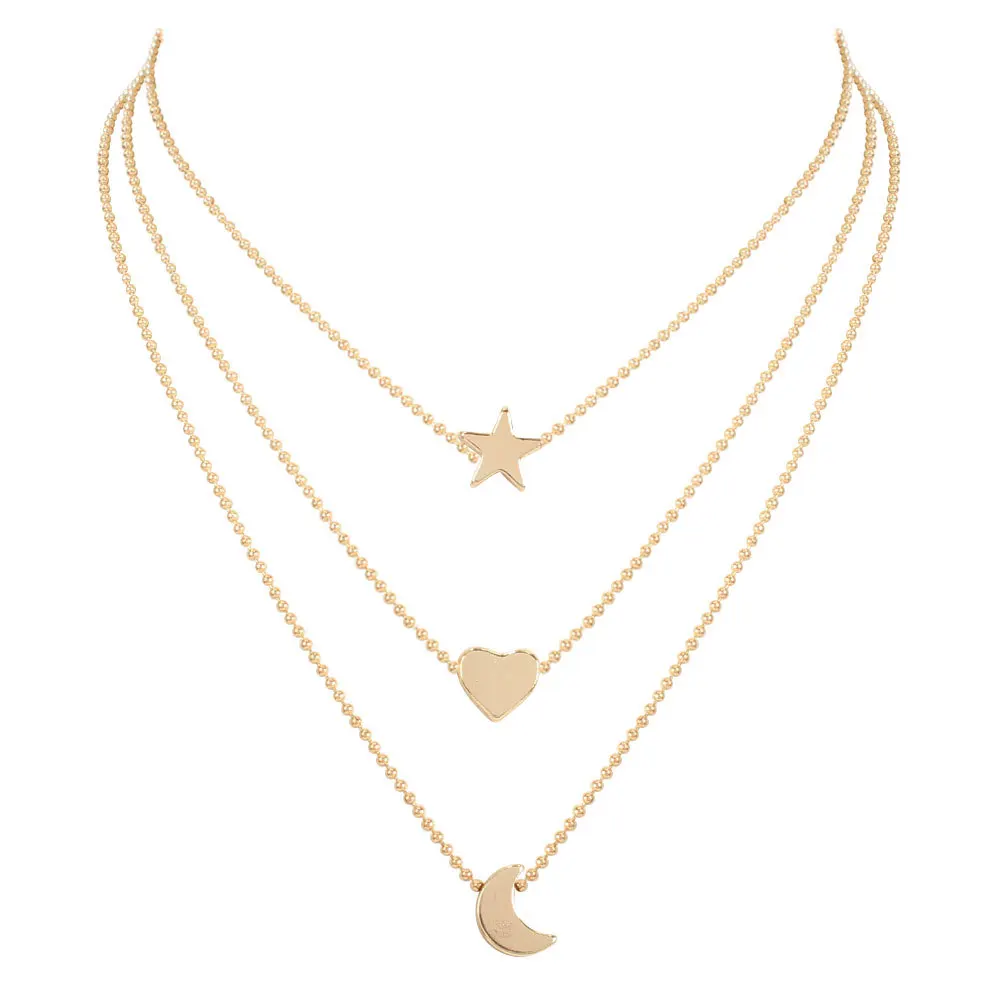 

2021 New European Simple Sweet Multi Layer Choker Necklace Women Punk Alloy Star Moon Heart Pendant Necklaces Fashion Jewelry