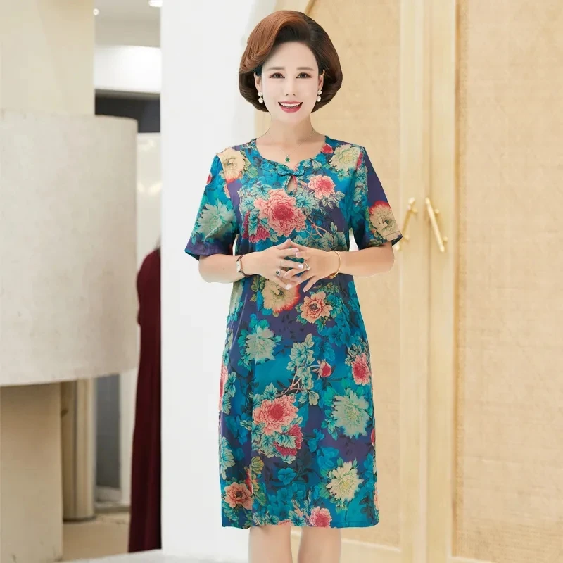 

Mom Printing short sleeve floral Dress Women Fashion Casual plus size loose Dresses ladiesVintage elegant Knee-Length Dress