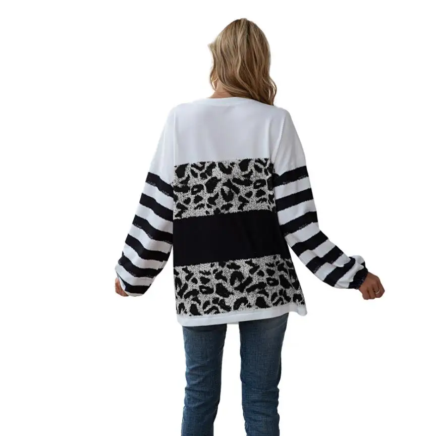 

Women Casual Loose Tops Long Sleeve Round Neck Leopard Print Color Block Tunic Pullovers