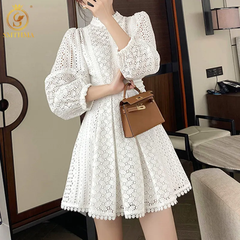 

SMTHMA White Lace Hollow Out Elegant Dress For Women Stand Collar Puff Long Sleeve High Waist Mini Dresses Female Spring Clothes