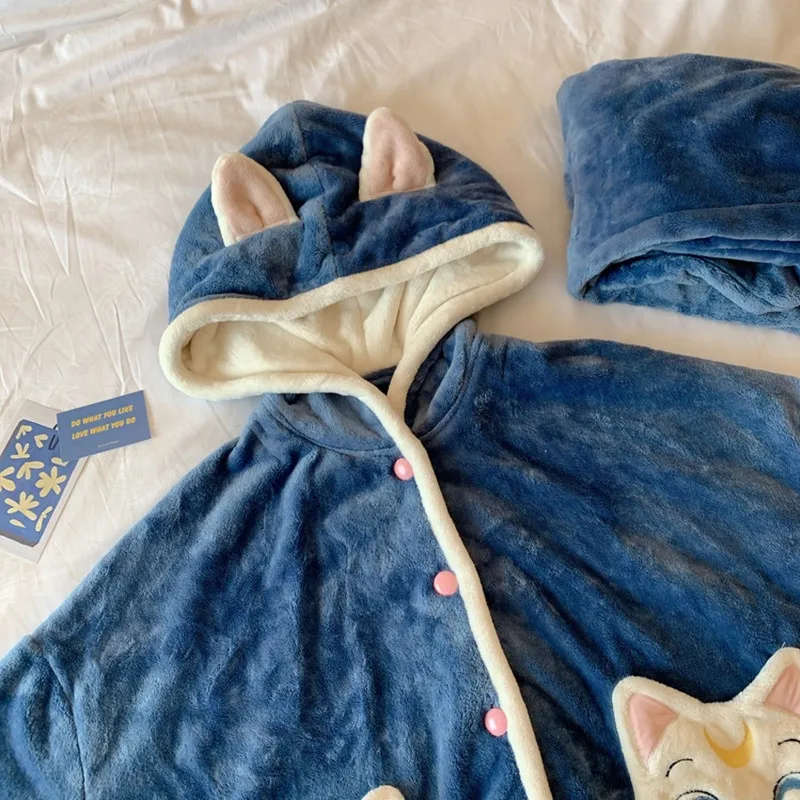 

Women Pajamas Winter Warm Flannel Pyjama Japan Anime Sailor Moon Luna Cat With Ears Homewear Lolita Girls Pijama Costume Party