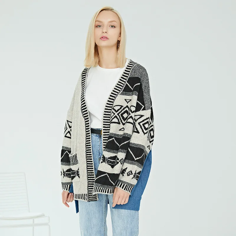 Christmas Print Long Cardigan Korean Irregular Jeans Patchwork Sweater Women Tops Sweaters Autumn Winter Cute Qq008 |