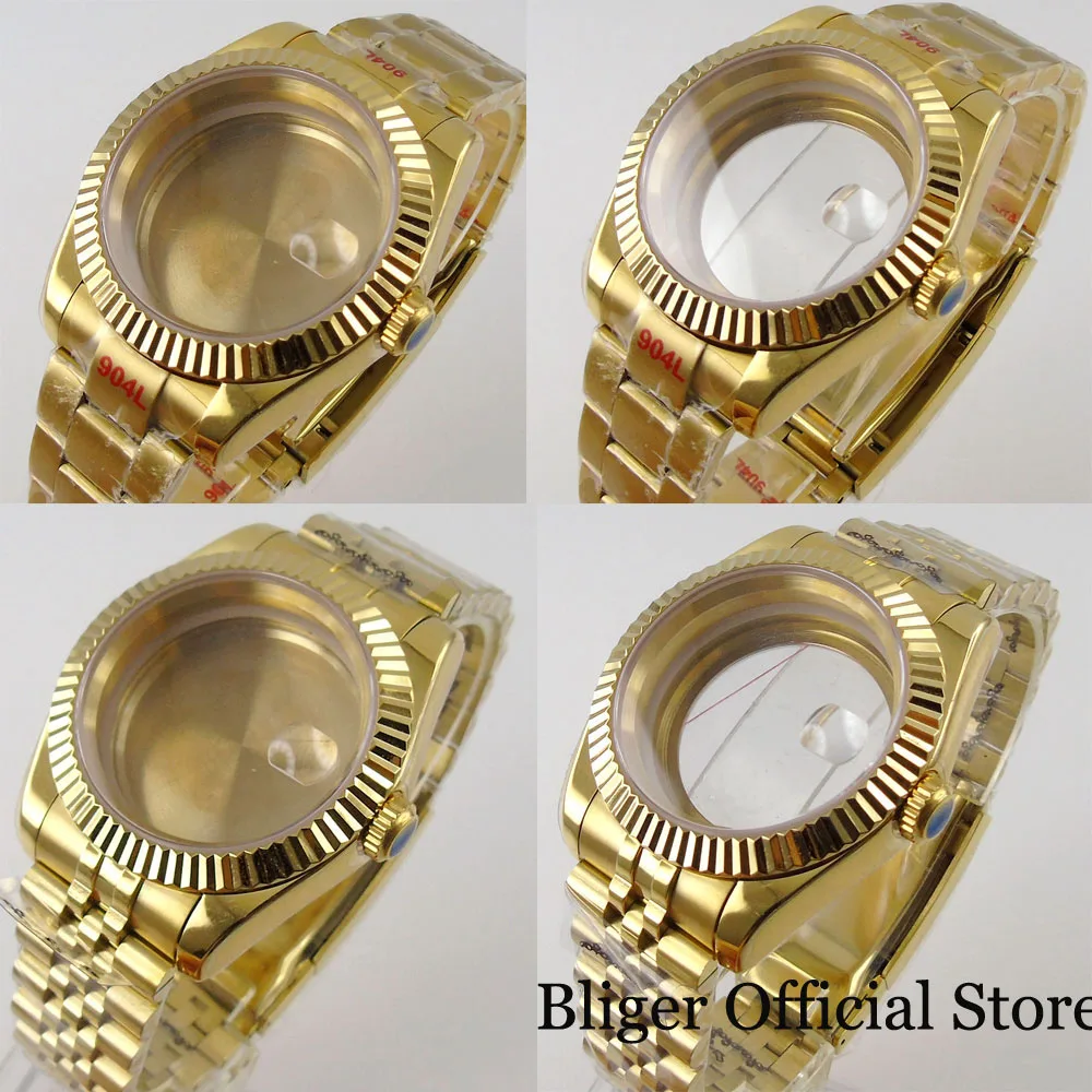 fit NH35A NH36A MIYOTA ETA 39mm Fluted Bezel Yellow Gold Coated Watch Case Jubilee/Oyster Band Screw Crown Glass Back/Solid Back
