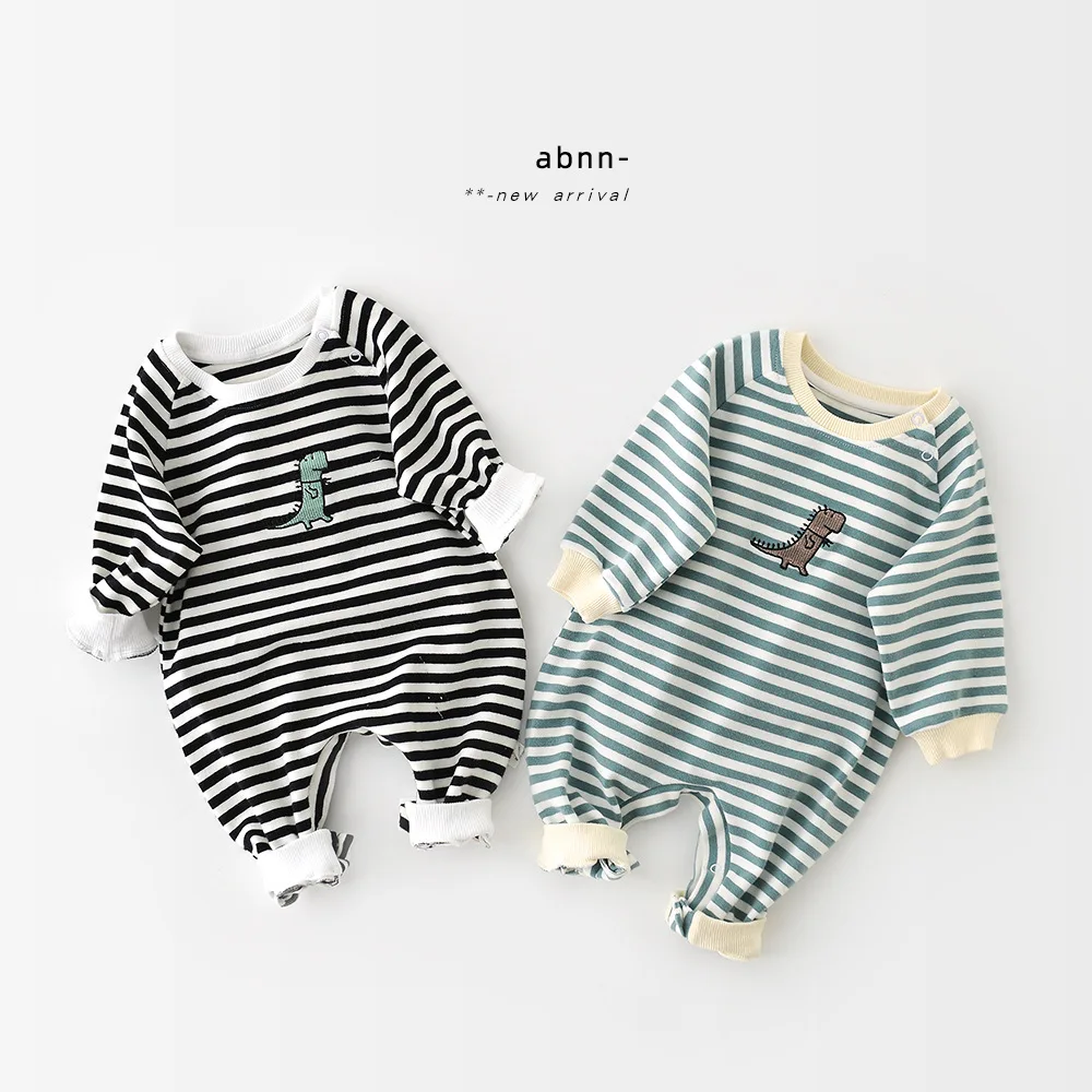 

Baby long-sleeved jumpsuit fall clothes for kidsstriped dinosaur embroidered newborn girl outfit baby boy clothes