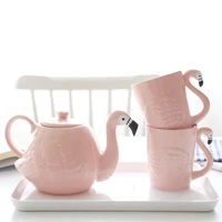 pink flamingo teapot set creative cartoon ceramic cup two cups one pot ceramic teapot european tea set kitchen accessories