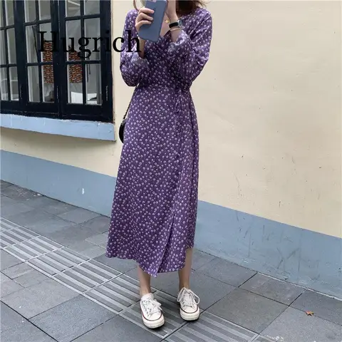 Осень 2020 фиолетовое шикарное цветочное Свободное платье с V-образным вырезом на шнуровке милые нежные универсальные повседневные милые женские платья