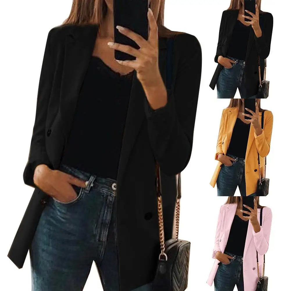 

2019 Fashion Women Blazers Solid Color Turndown Collar Long Sleeve Tailored Suit Jacket Coat Blazer