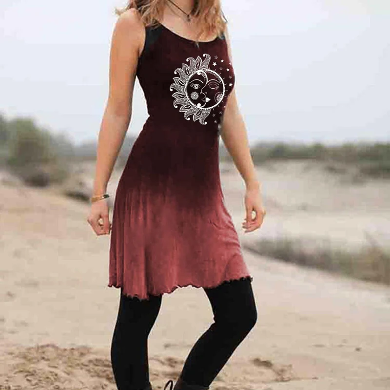 

2021 Women Summer Sundress Sukienki Damskie Mini Dress Sleeveless Print Retro Tribal Print Slim Short Dresses Tops Plus Size 4XL