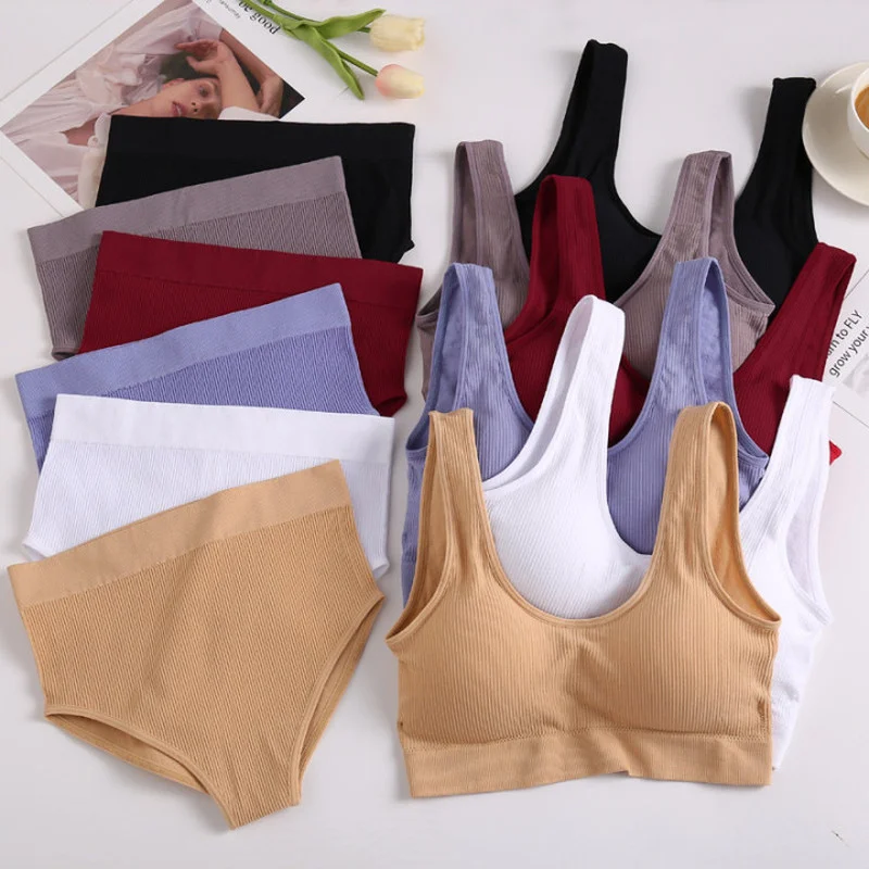 

2PCS Bra Set Women Sexy Bralette Sexy Female Underwear Lingerie Ribbed Tops Girls Fashion Brassiere Basic Stretchy Crop Top