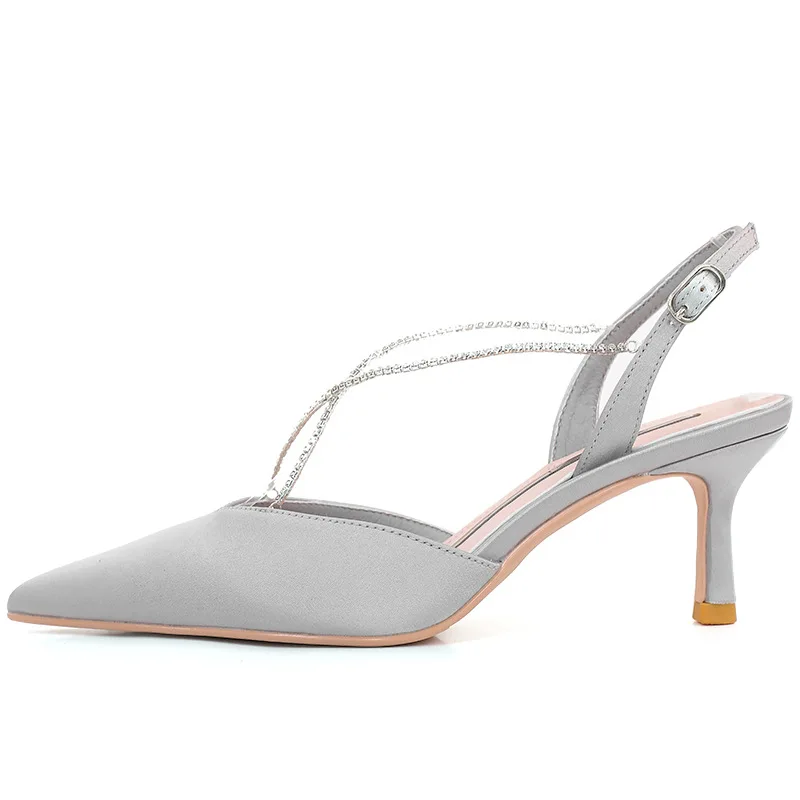 

Small silk sandals Rhinestone chain thin heel high heel 6cm fairy wind Korean version versatile 2021 spring and summer