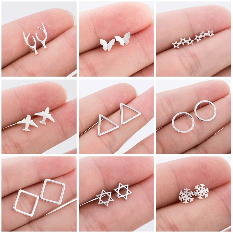 Серьги-гвоздики женские из серебра 925 пробы круглые квадратные треугольные в