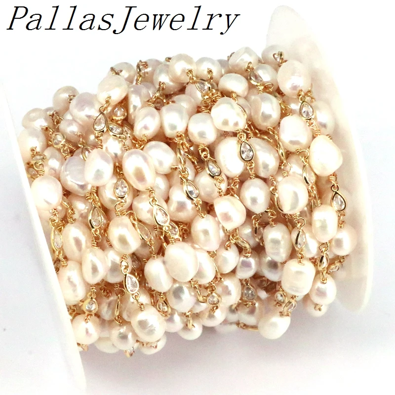 

3 Meters, White Pearl Beads Chains, Plated Gold Wire Wrapped Pearl Beads Rosary Drop CZ Chains Fashion Jewelry