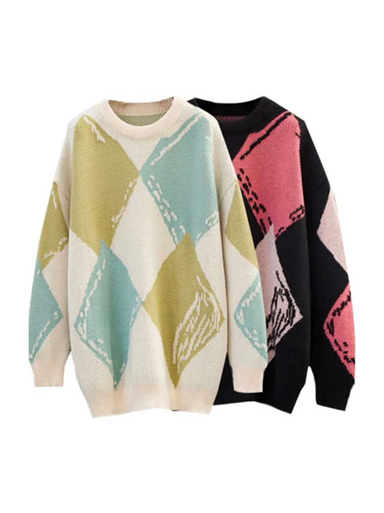 

2021 New Pull Femme Autumn Winter Knitted Sweaters Plus Size Women Clothing Argyle O Neck Plaid Long Sleeve Pullovers Ladies Top