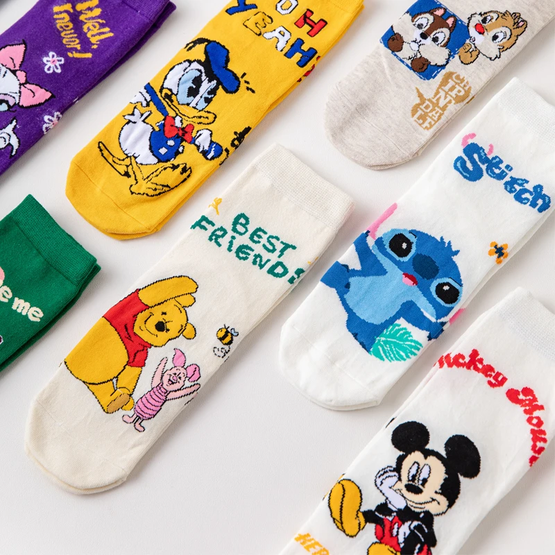 3 Pairs Disney Casual Women socks Cute Kawii long socks Cartoon Mickey Minnie Donald Winnie Cotton socks girl socks Size 35-42