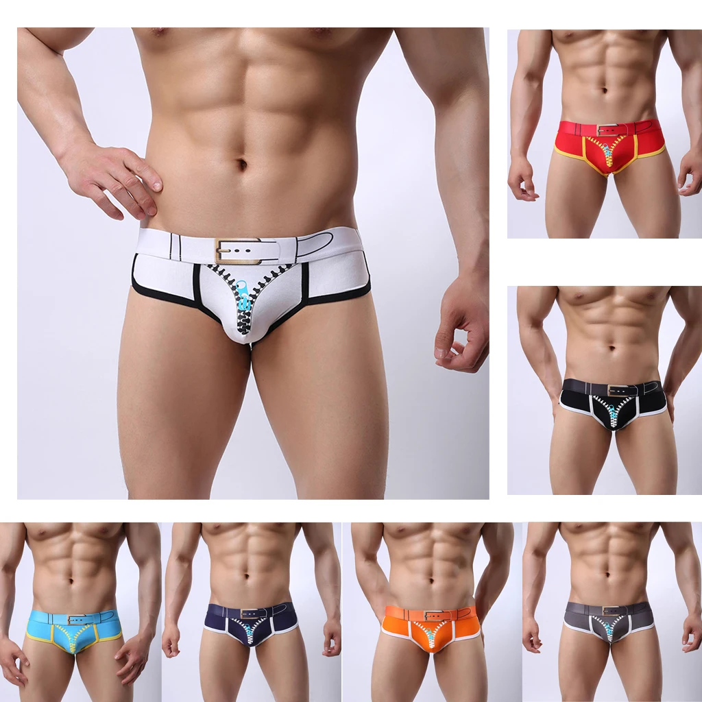 

Men Brief Zipper Printed Underwear Men Shorts Men Panties White L