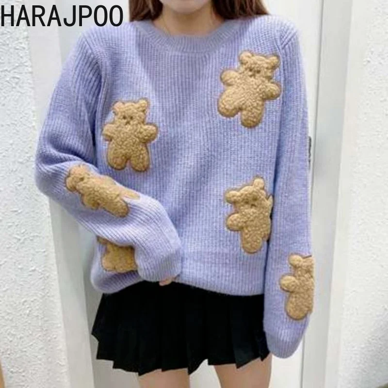 

Harajpoo Female Pullovers 2021 New Cute Style Loose Knitted Sweater Student Bear Biscuit Harajuku Fall Winter O Neck Lazy Oaf