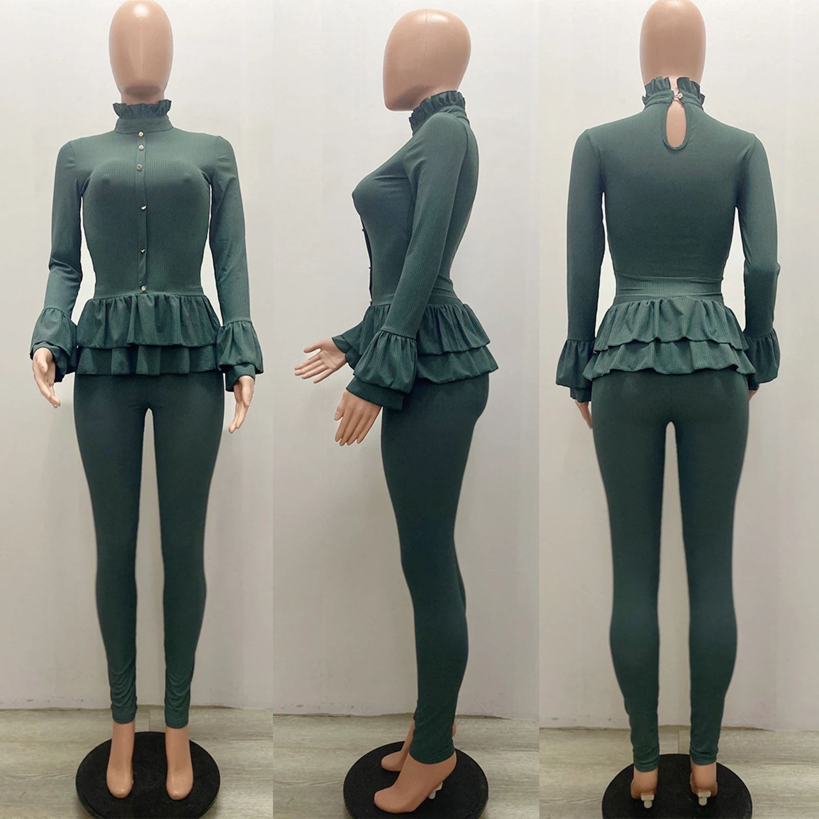 

2020 Women's Sets Autumn Women Chic Long Sleeve Ruffle Buttons Blouse Skinny Pants Set Outfit Women's Clothing