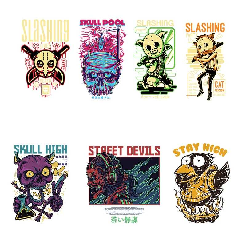 

Skull Knife Rock Thermo Stickers On Clothes Heat Transfer Patches For Clothing Punk Motorcycle Iron On Patches T-Shirt decorate