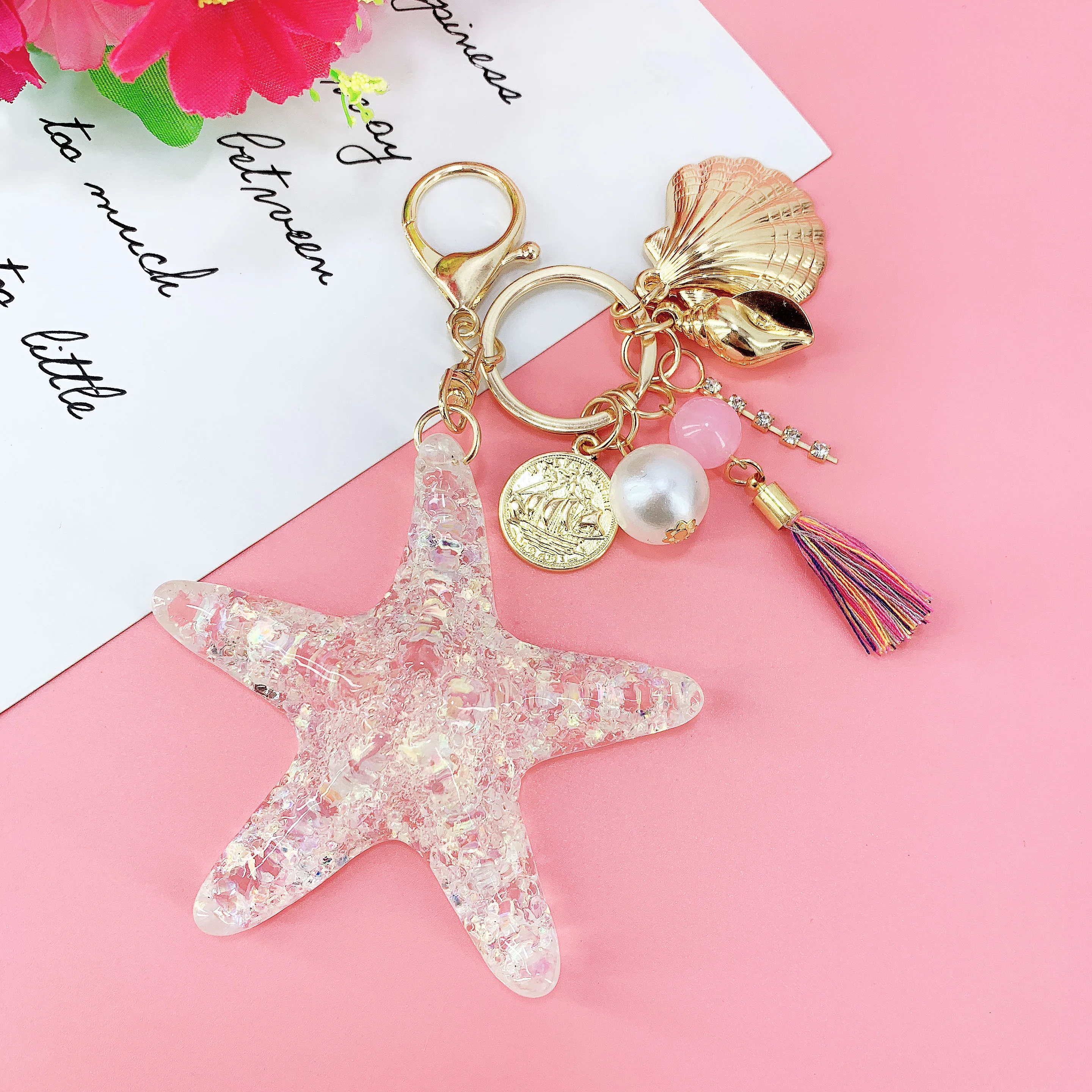 

New Fantasy Cartoon Sea World Pearl Shell Starfish Keychain Pentagram Crystal Key chain Ladies Bag Car Key Alloy Pendant Jewelry