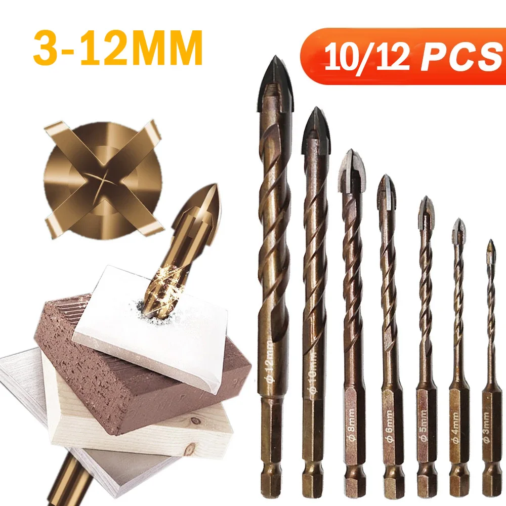 

3-12mm Cross Hex Tile Drill Bits Set for Glass Ceramic Concrete Hole Opener Brick Hard Alloy Triangle Bit Tool Kit