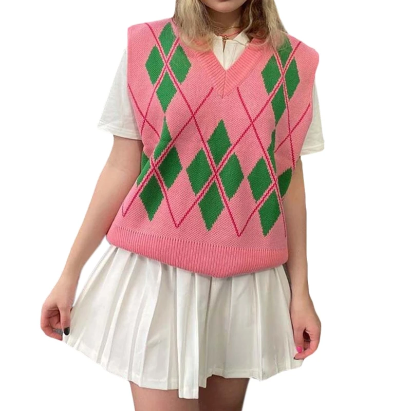 

Women Retro Pink Knitted Sleeveless Vest Preppy Style V-Neck Plaid Diamond Loose Sweater Vintage Argyl Jumper Tops