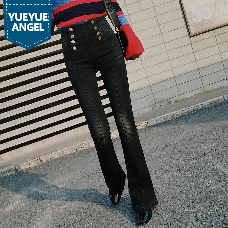 

Vintage High Waist Black Double Breasted Womens Denim Pants Autumn Winter Office Ladies Full Length Slim Fit Flares Trousers