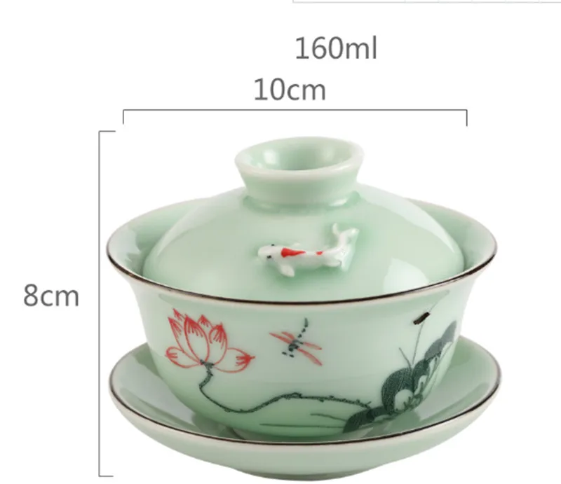 С Тиснением лотоса, рыба, Gaiwan, ручная роспись, чайная супница Longquan с узором, чайные чаши, чайник Tieguanyin, отправляется