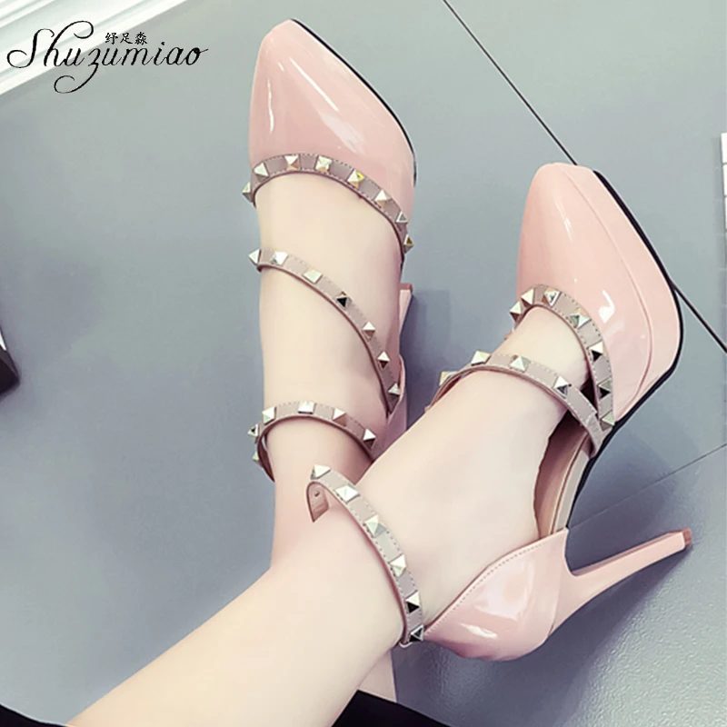 

Новинка 2020, женские сандалии shuразуме с заклепками и острым носком, женские туфли-лодочки на высокой шпильке и платформе 12 см, сексуальная женская свадебная обувь, туфли-лодочки